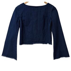 N/Nicholas Shirt Women 4 Blue Denim Cropped Jean Bell Sleeve Fringe Western Jean